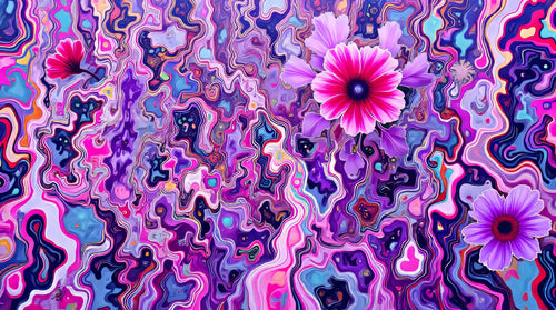 Violet Overgrowth, AI-generative collage flower artwork from MLow's fLOWers series, hand-finished fine art print