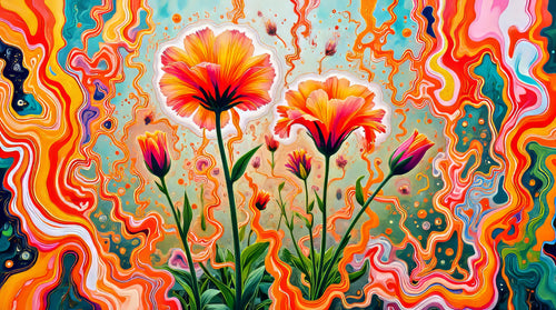 Poppy Heat, AI-generative collage flower artwork from MLow's fLOWers series, hand-finished fine art print
