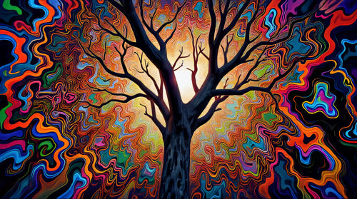 Tree of Last Light, AI-generative collage flower artwork from MLow's fLOWers series, hand-finished fine art print