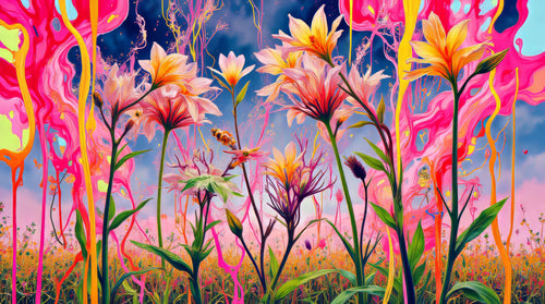 Garden Catches Fire, AI-generative collage flower artwork from MLow's fLOWers series, hand-finished fine art print