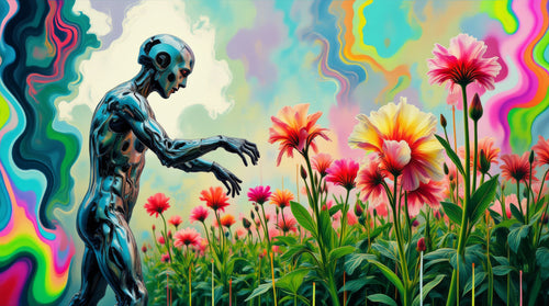 Reaching for the Bloom, AI-generative collage flower artwork from MLow's fLOWers series, hand-finished fine art print