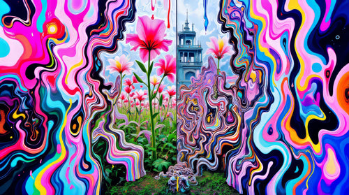 Petal Static, AI-generative collage flower artwork from MLow's fLOWers series, hand-finished fine art print