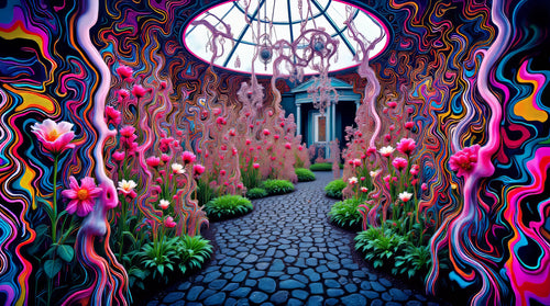 Garden Atrium, AI-generative collage flower artwork from MLow's fLOWers series, hand-finished fine art print