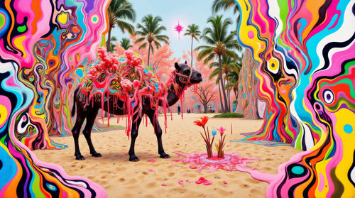 Desert Caravan Dream, AI-generative collage flower artwork from MLow's fLOWers series, hand-finished fine art print