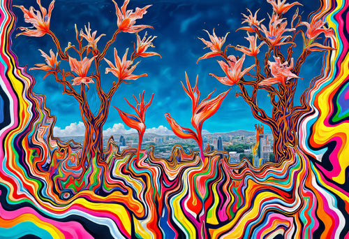 Desert Birds of Paradise, AI-generative collage flower artwork from MLow's fLOWers series, hand-finished fine art print