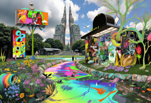 The City Grows Wild, AI-generative collage flower artwork from MLow's fLOWers series, hand-finished fine art print