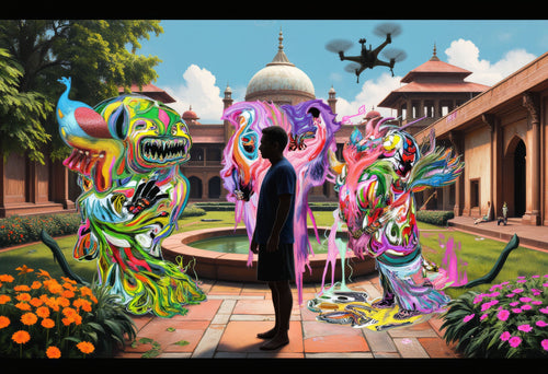 Tourists in Eden, AI-generative collage flower artwork from MLow's fLOWers series, hand-finished fine art print