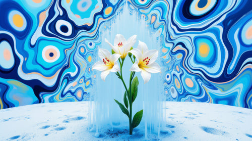 Lily on Ice, AI-generative collage flower artwork from MLow's fLOWers series, hand-finished fine art print