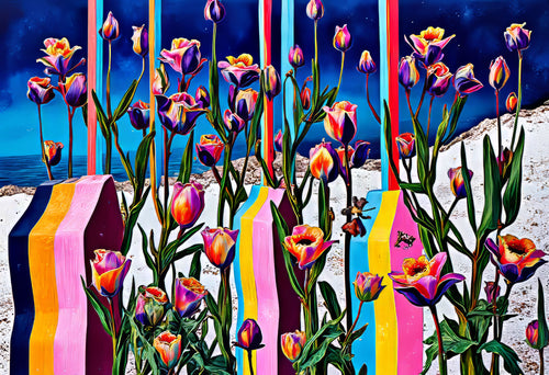Tulips Through Snow, AI-generative collage flower artwork from MLow's fLOWers series, hand-finished fine art print