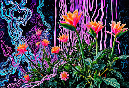 Midnight Wildflowers, AI-generative collage flower artwork from MLow's fLOWers series, hand-finished fine art print