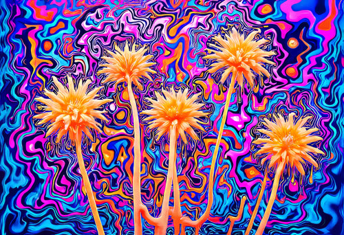 Dandelion Reactor, AI-generative collage flower artwork from MLow's fLOWers series, hand-finished fine art print