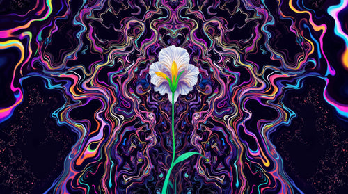 Roots and Static, AI-generative collage flower artwork from MLow's fLOWers series, hand-finished fine art print