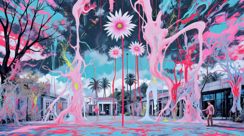 Suburban Cherry Drip, AI-generative collage flower artwork from MLow's fLOWers series, hand-finished fine art print