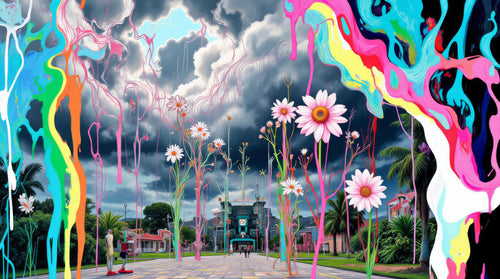 Front Yard Mirage, AI-generative collage flower artwork from MLow's fLOWers series, hand-finished fine art print