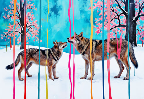 Two Wolves, One Winter, AI-generative collage flower artwork from MLow's fLOWers series, hand-finished fine art print