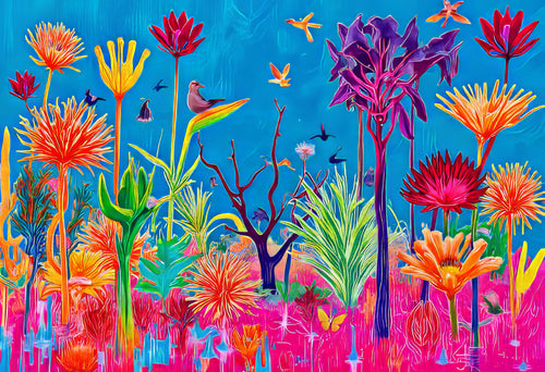 Specimen Garden, AI-generative collage flower artwork from MLow's fLOWers series, hand-finished fine art print