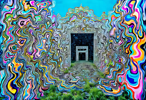 Door to the Garden, AI-generative collage flower artwork from MLow's fLOWers series, hand-finished fine art print