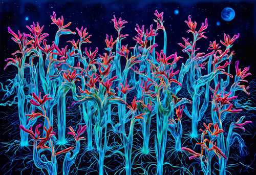 Blue Hour Bloom, AI-generative collage flower artwork from MLow's fLOWers series, hand-finished fine art print