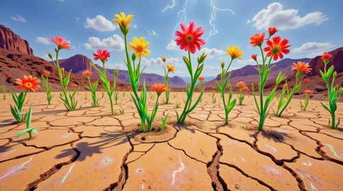 Bloom From Cracked Earth, AI-generative collage flower artwork from MLow's fLOWers series, hand-finished fine art print