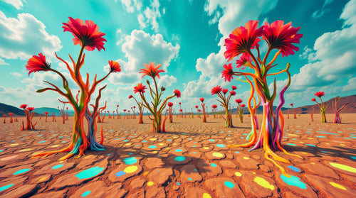 Trees That Refuse Drought, AI-generative collage flower artwork from MLow's fLOWers series, hand-finished fine art print