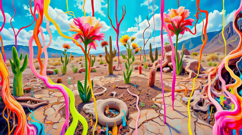 Drought Garden, AI-generative collage flower artwork from MLow's fLOWers series, hand-finished fine art print