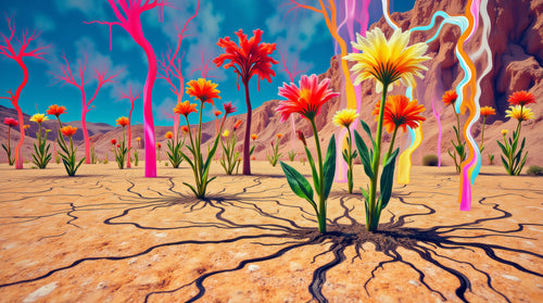 Red Bloom, Dry Ground, AI-generative collage flower artwork from MLow's fLOWers series, hand-finished fine art print