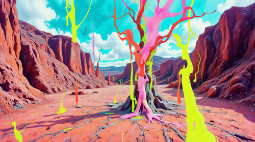 Canyon Bloom, AI-generative collage flower artwork from MLow's fLOWers series, hand-finished fine art print