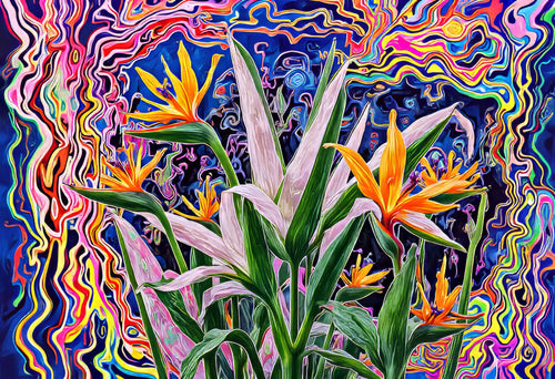 Birds of Paradise Rising, AI-generative collage flower artwork from MLow's fLOWers series, hand-finished fine art print