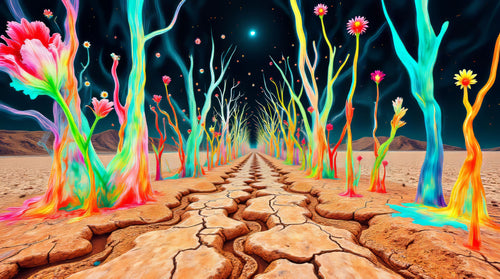 The Long Furrow, AI-generative collage flower artwork from MLow's fLOWers series, hand-finished fine art print