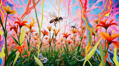 Bee and the Bloom, AI-generative collage flower artwork from MLow's fLOWers series, hand-finished fine art print