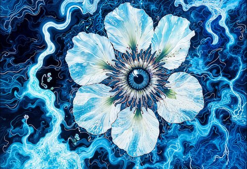 Eye Flower, AI-generative collage flower artwork from MLow's fLOWers series, hand-finished fine art print