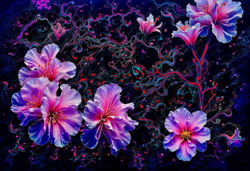 Fluidity, AI-generative collage flower artwork from MLow's fLOWers series, hand-finished fine art print