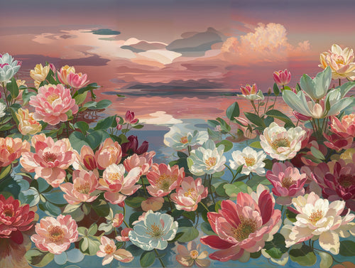 Golden Hour Never Left, AI-generative collage flower artwork from MLow's fLOWers series, hand-finished fine art print