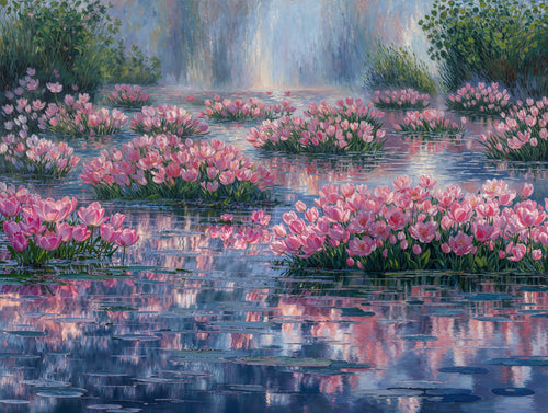 Still Waters Run Pink, AI-generative collage flower artwork from MLow's fLOWers series, hand-finished fine art print