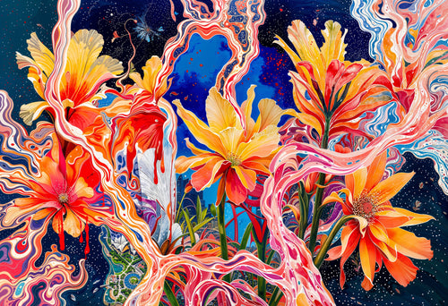 The Evolution of fLOWers, AI-generative collage flower artwork from MLow's fLOWers series, hand-finished fine art print