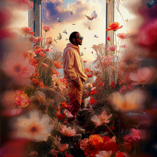 Standing in the Bloom, AI-generative artwork from MLow's Tokenized Garbage series, hand-finished fine art print