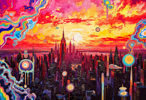 Skyline on Fire, AI-generative artwork from MLow's Tokenized Garbage series, hand-finished fine art print