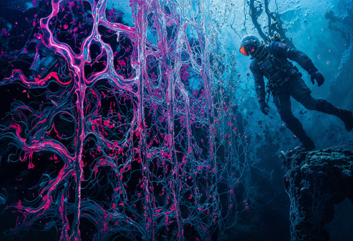 Diver in the Wires, AI-generative artwork from MLow's Tokenized Garbage series, hand-finished fine art print
