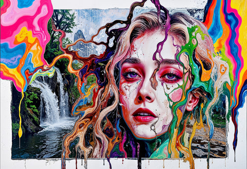 Waterfall Face, AI-generative artwork from MLow's Tokenized Garbage series, hand-finished fine art print