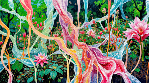 Tangled Bloom, AI-generative artwork from MLow's Tokenized Garbage series, hand-finished fine art print