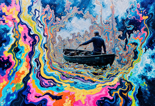 Alone in the Current, AI-generative artwork from MLow's Tokenized Garbage series, hand-finished fine art print