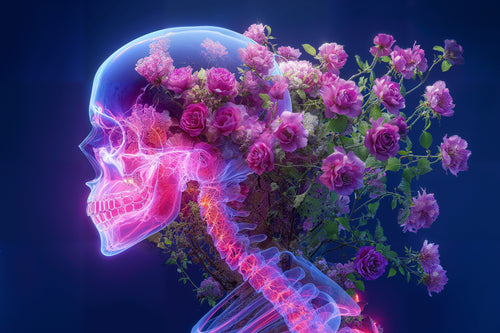 Skull in Bloom, AI-generative artwork from MLow's Tokenized Garbage series, hand-finished fine art print