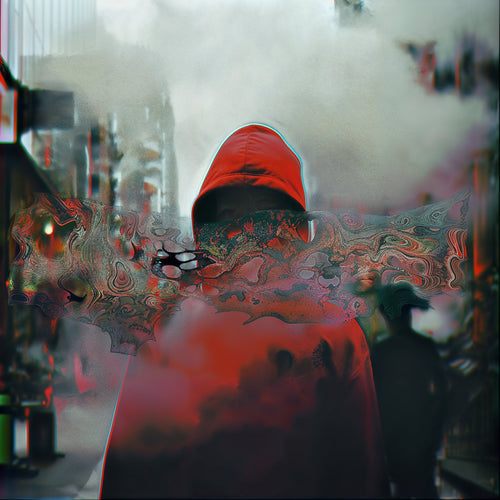 Red Hood, White Smoke, AI-generative artwork from MLow's Tokenized Garbage series, hand-finished fine art print