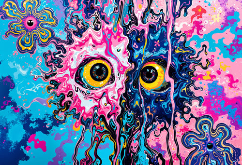 Eyes in the Bloom, AI-generative artwork from MLow's Tokenized Garbage series, hand-finished fine art print