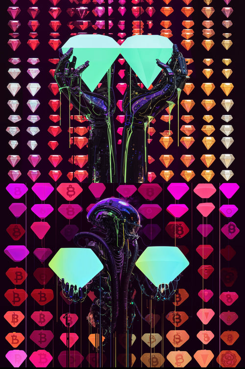 Diamond Hands, AI-generative artwork from MLow's Tokenized Garbage series, hand-finished fine art print